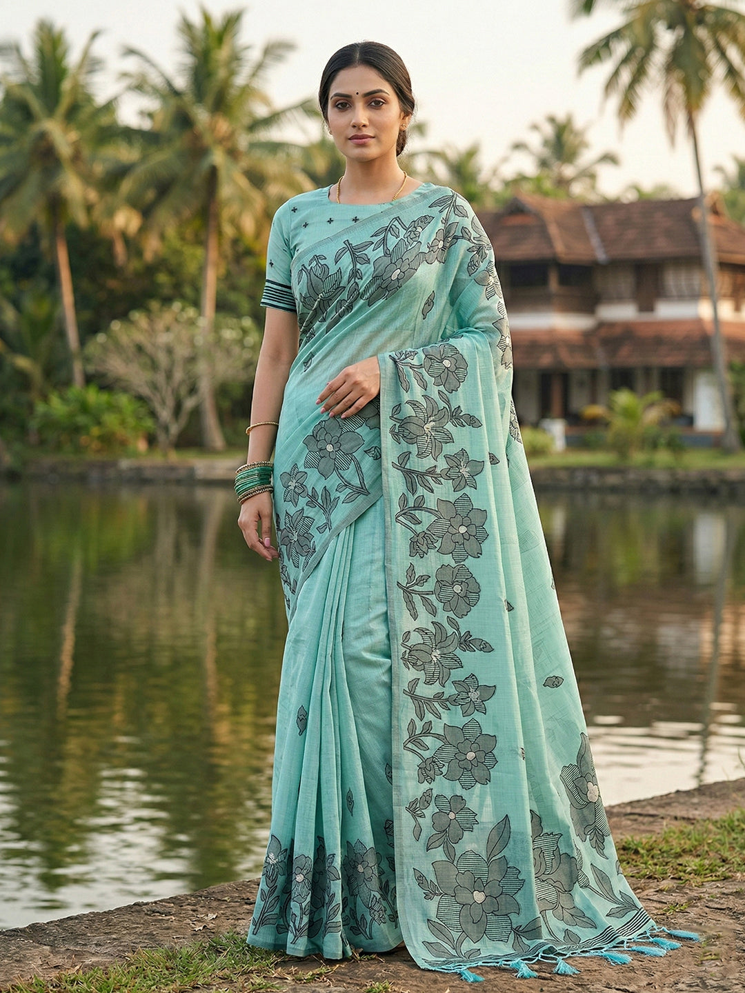 Anaita Blue Linen Printed Saree With Blouse - Distacart