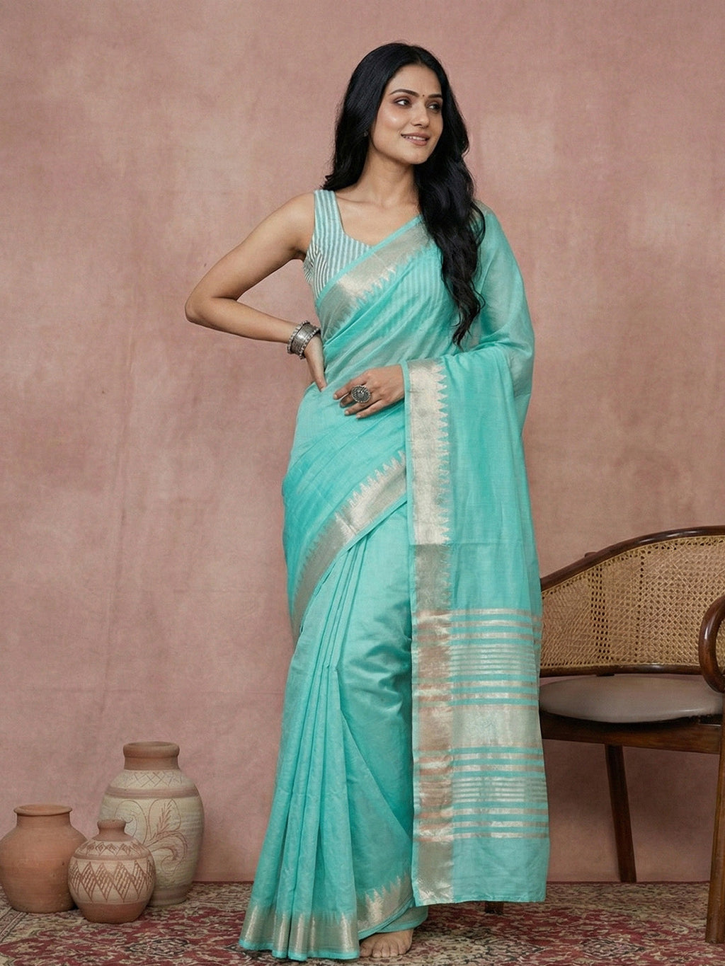 Anaita Blue Cotton Saree With Blouse - Distacart