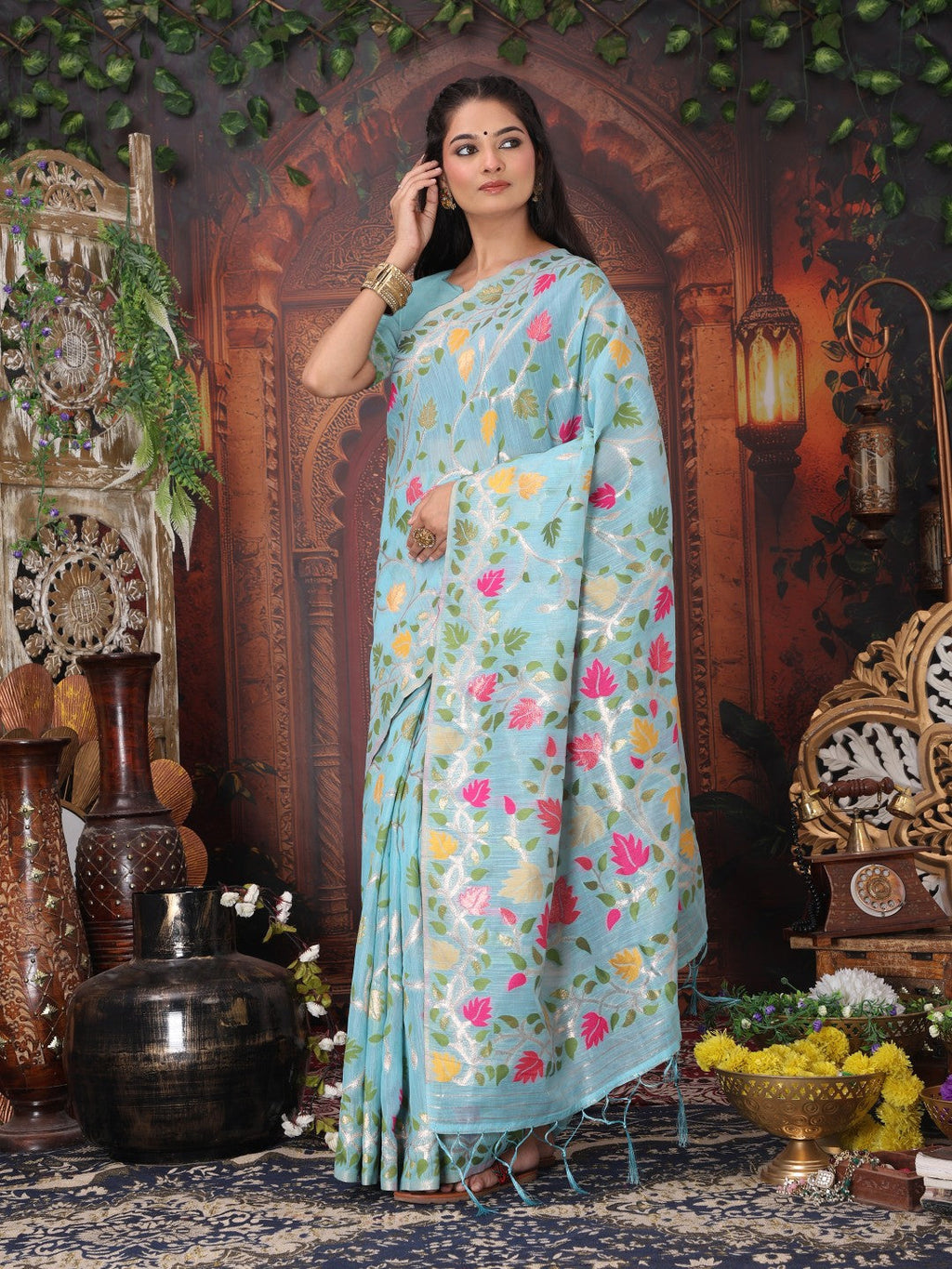 Anaita Blue Linen Printed Saree With Blouse - Distacart