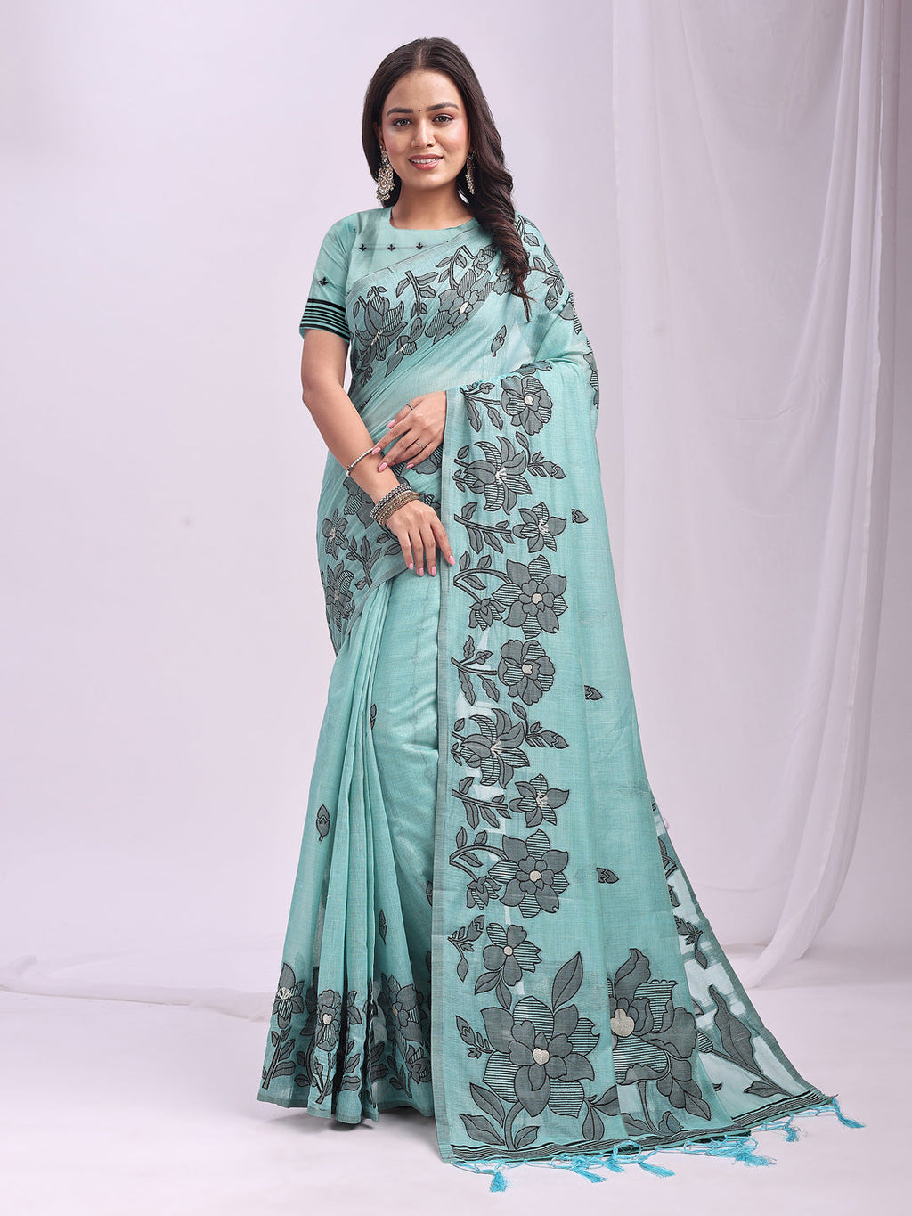 Anaita Blue Linen Printed Saree With Blouse - Distacart