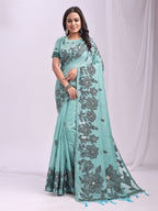 Anaita Blue Linen Printed Saree With Blouse - Distacart