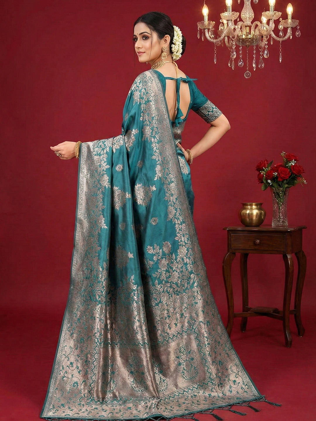 Anaita Blue Silk Blend Woven Saree With Blouse - Distacart