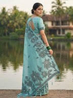 Anaita Blue Linen Printed Saree With Blouse - Distacart