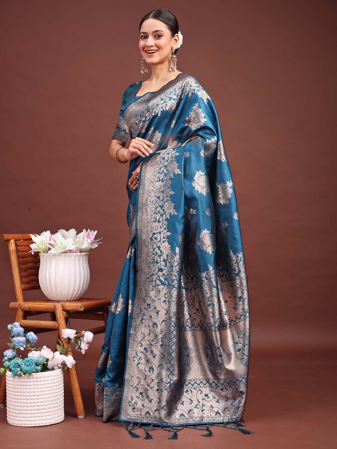 Anaita Blue Banarasi Silk Woven Work Saree With Blouse - Distacart