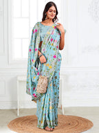 Anaita Blue Linen Printed Saree With Blouse - Distacart