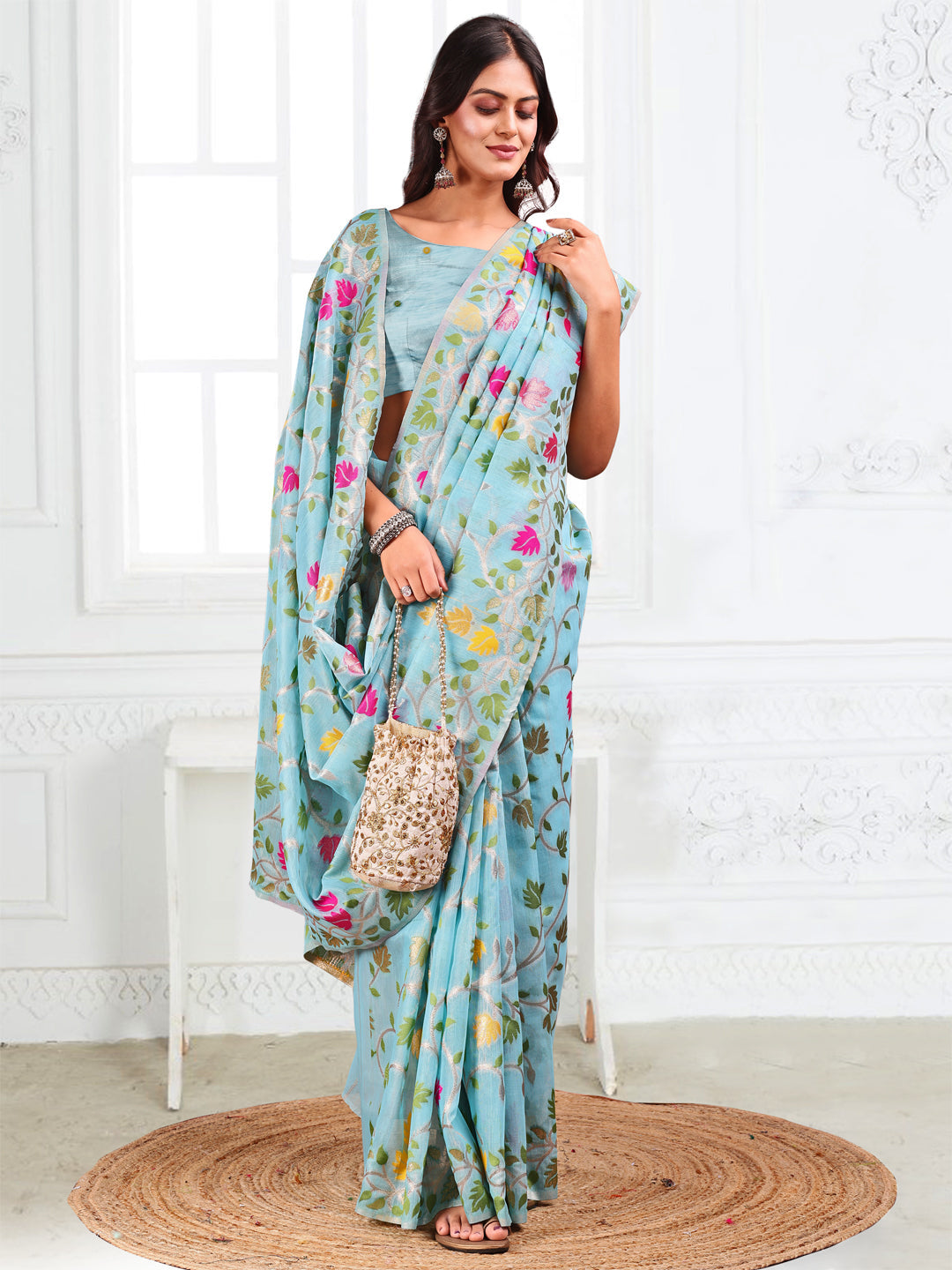 Anaita Blue Linen Printed Saree With Blouse - Distacart