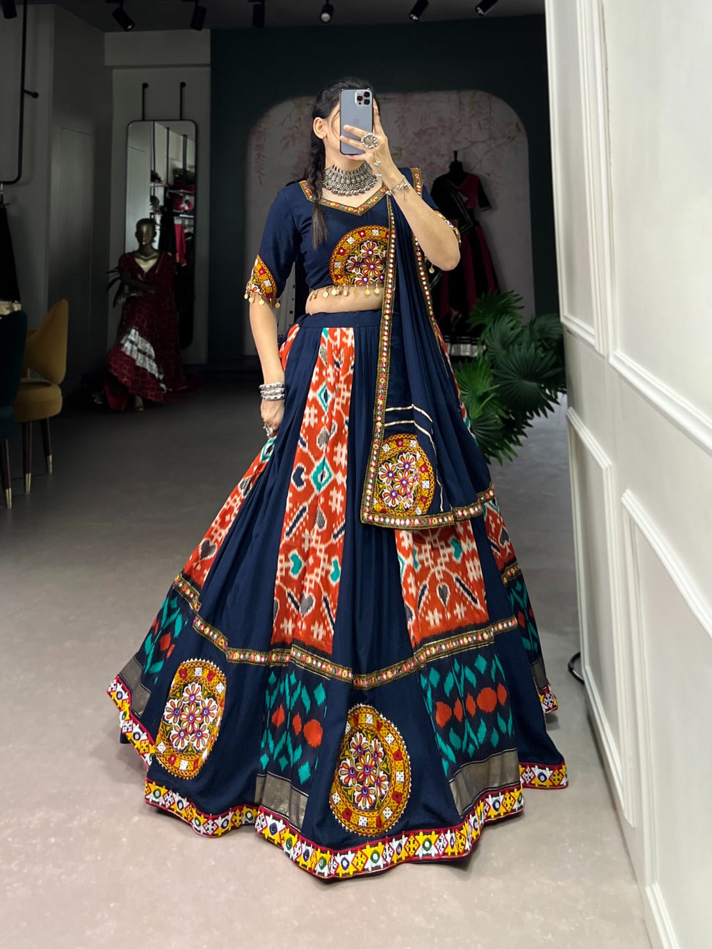 Lorenvalley Blue Rayon and Printed Silk with Plain And Printed With Original Mirror Gamthi Work And Gamthi Patch Work Lehenga Choli