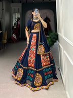 Lorenvalley Blue Rayon and Printed Silk with Plain And Printed With Original Mirror Gamthi Work And Gamthi Patch Work Lehenga Choli