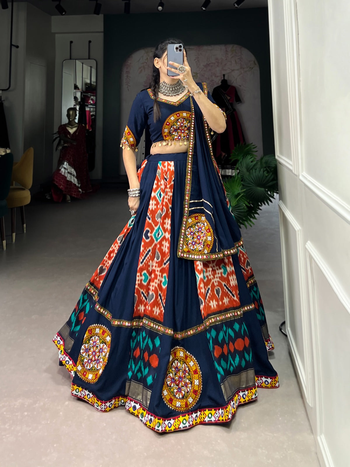 Lorenvalley Blue Rayon and Printed Silk with Plain And Printed With Original Mirror Gamthi Work And Gamthi Patch Work Lehenga Choli