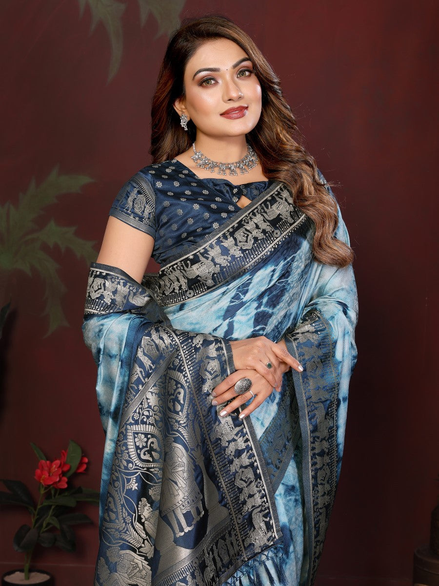 Anaita Blue Zari Weaving Work Satin Silk Saree With Blouse - Distacart