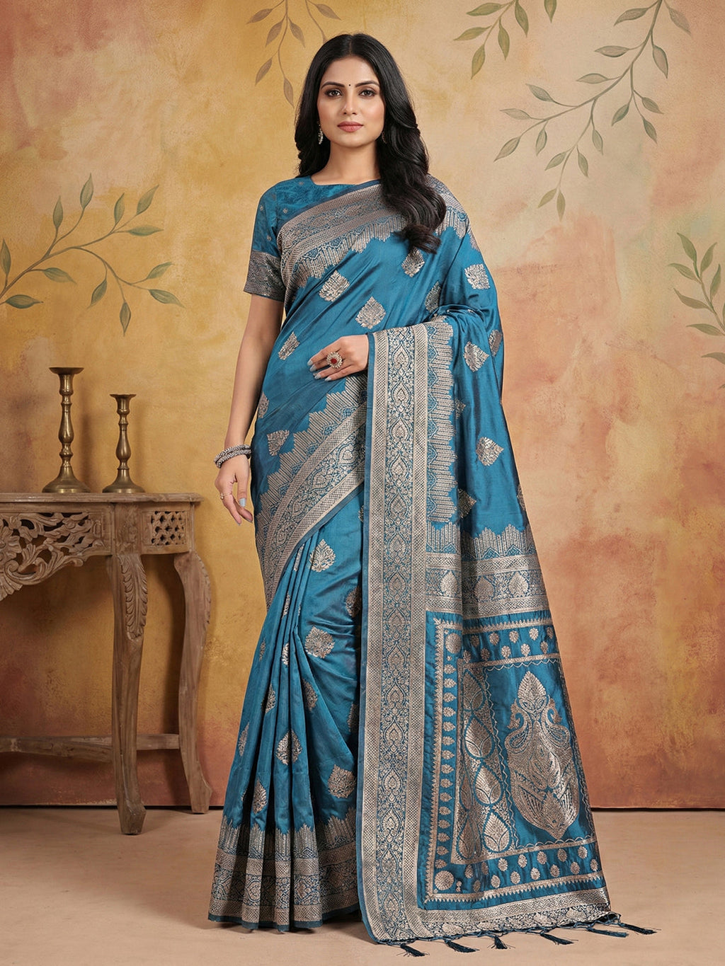 Anaita Blue Silk Blend Woven Saree With Blouse - Distacart
