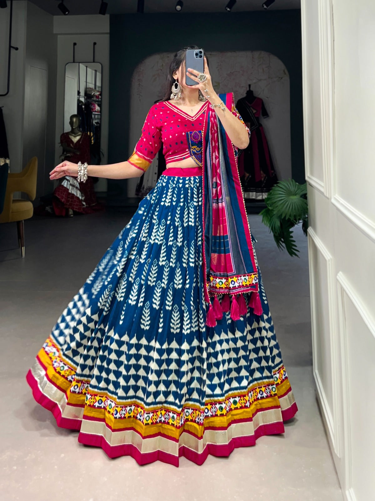 Lorenvalley Black Dola Silk with Printed With Foil Work And Original Mirror Gamthi Lace Touch Up Lehenga Choli