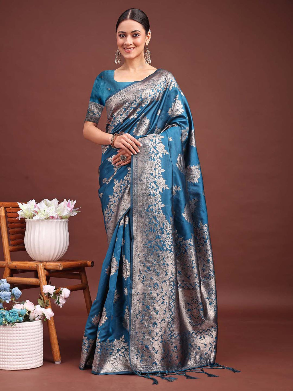 Anaita Blue Banarasi Silk Woven Work Saree With Blouse - Distacart