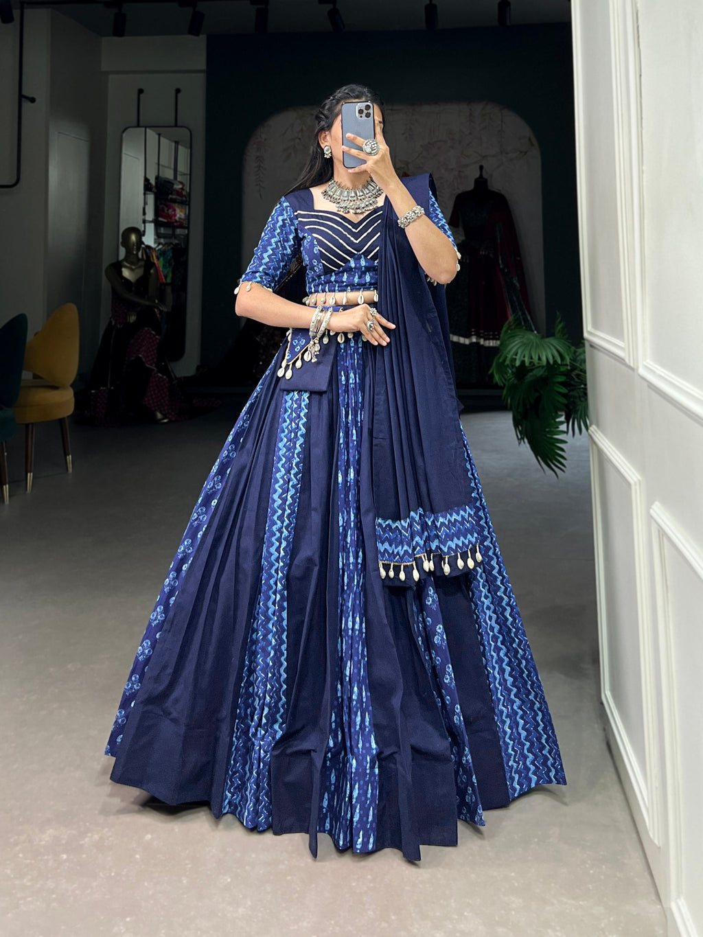 Lorenvalley Blue Pure Cotton Chaniya Choli Adorned With Cowrie Shells And Paired With A Matching Purse
