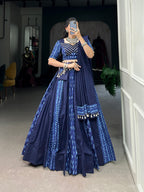 Lorenvalley Blue Pure Cotton Chaniya Choli Adorned With Cowrie Shells And Paired With A Matching Purse