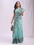 Anaita Blue Linen Printed Saree With Blouse - Distacart