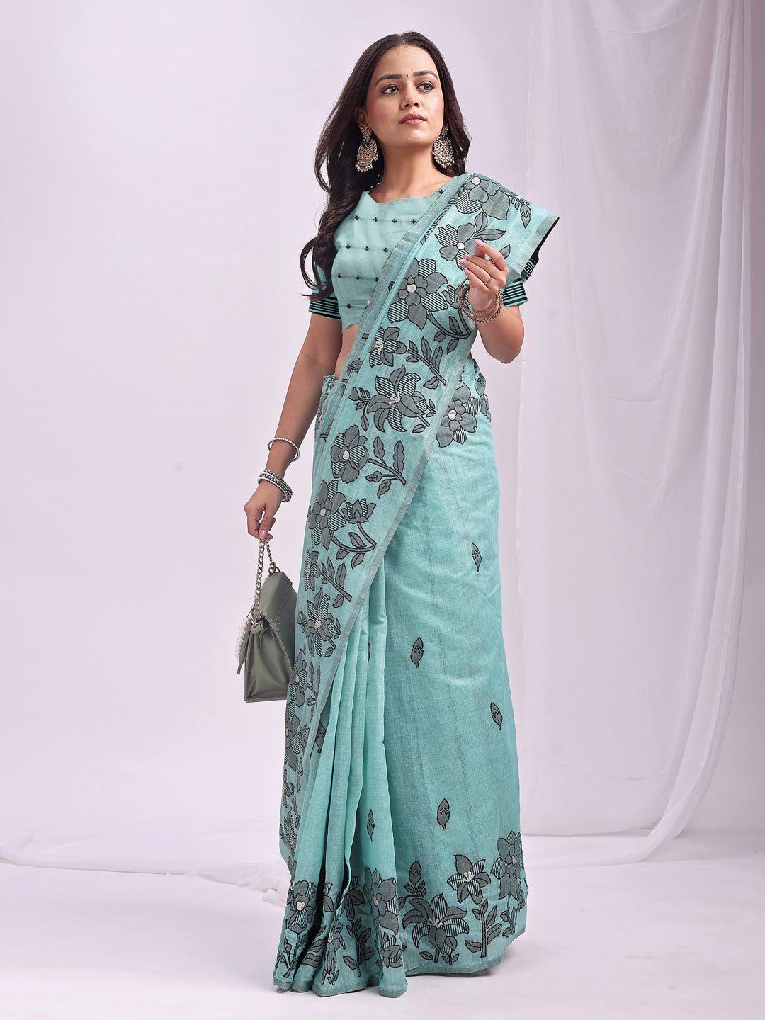 Anaita Blue Linen Printed Saree With Blouse - Distacart