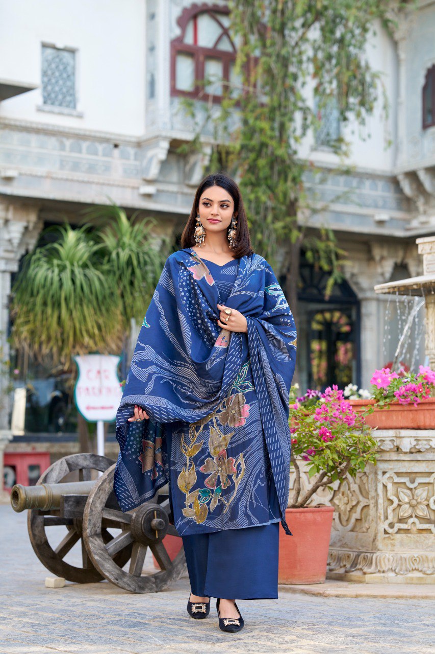Lorenvalley Blue Roman Silk Floral Print With Beets Handwork Kurta Set