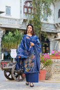 Lorenvalley Blue Roman Silk Floral Print With Beets Handwork Kurta Set