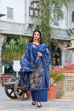 Lorenvalley Blue Roman Silk Floral Print With Beets Handwork Kurta Set