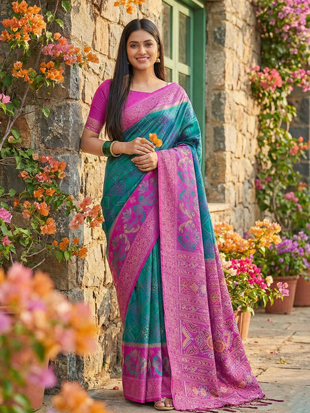 Anaita Blue Pochampally Printed Saree With Blouse
