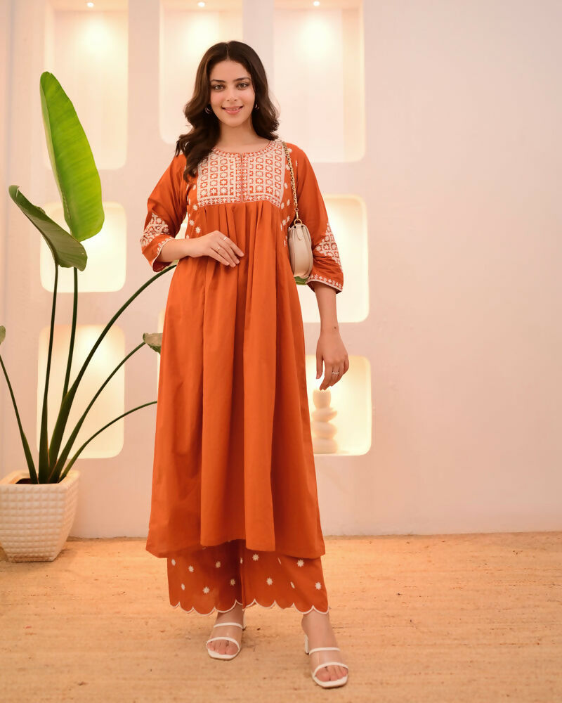 The52 Women's Beautiful Viscose Rayon Fabric Thread Work Flared Kurta Pant Set - Distacart