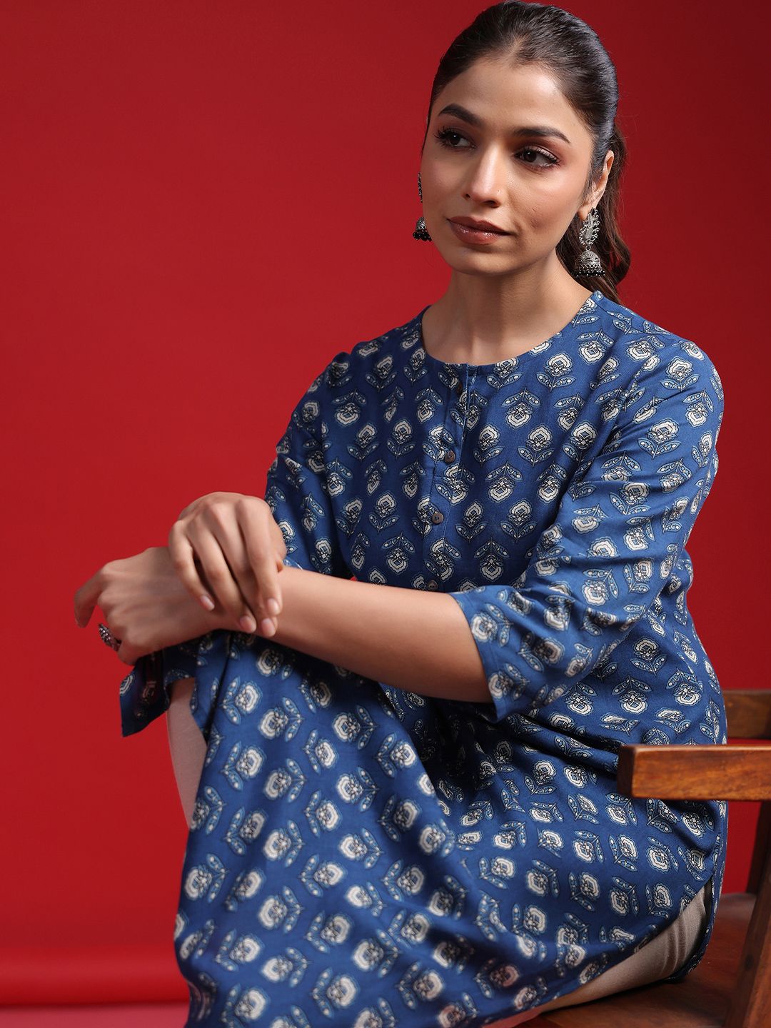 Indo Era Women Geometric Printed Thread Work Kurta - Distacart