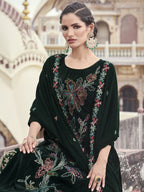 Jyoti Fashion Women's Green Velvet Resham Thread with Jari & Sequin Kurta with Trouser & Dupatta