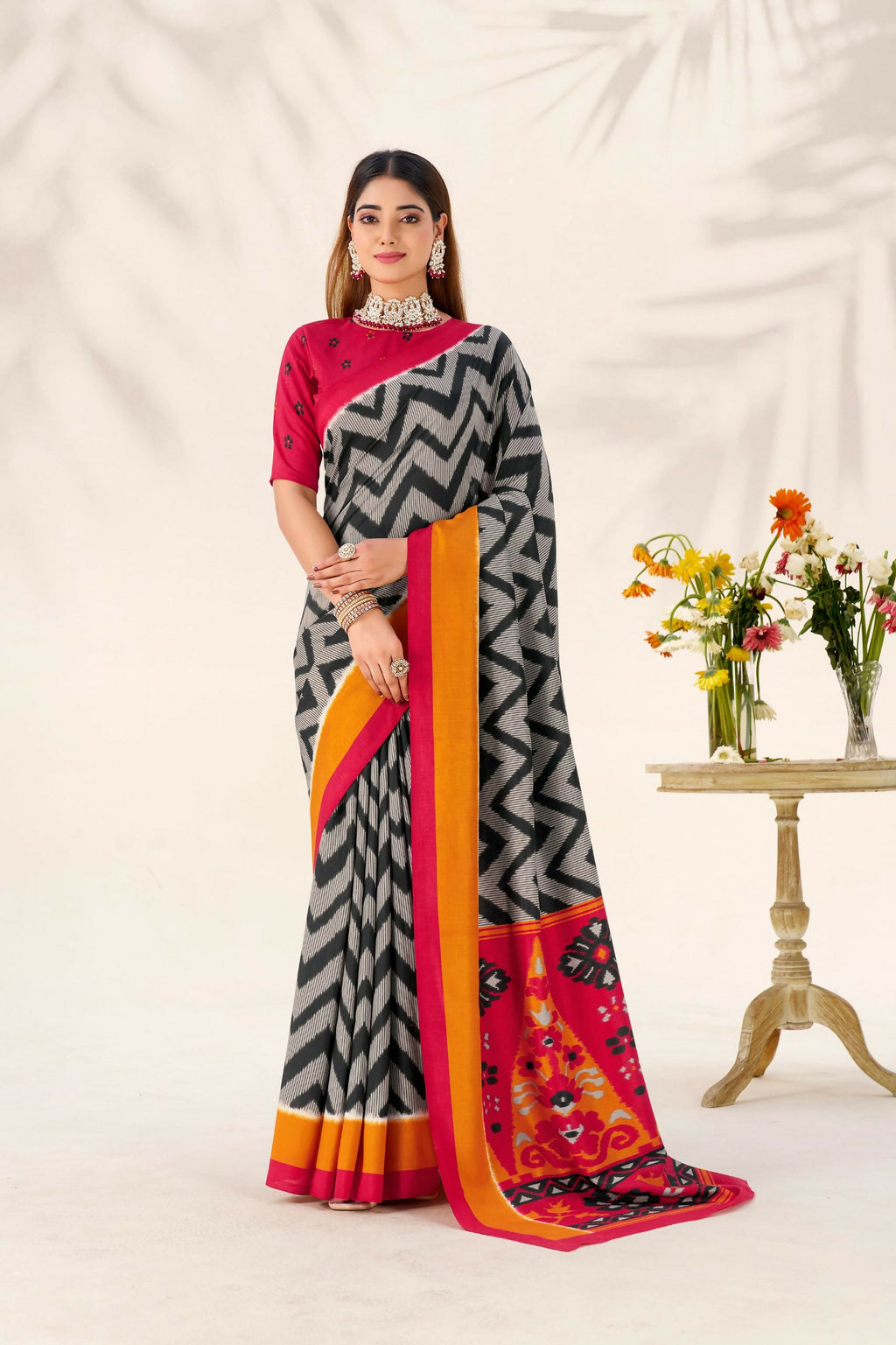 Vastranavya Black Tussar Silk Zigzag Waves Printed Saree with Unstitched Blouse - Distacart