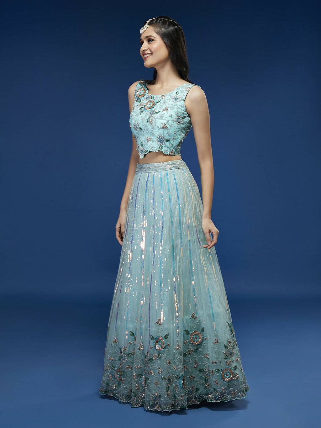 House of Panchhi Turquoise Blue Net Sequinse Work Lehenga & Blouse, Dupatta