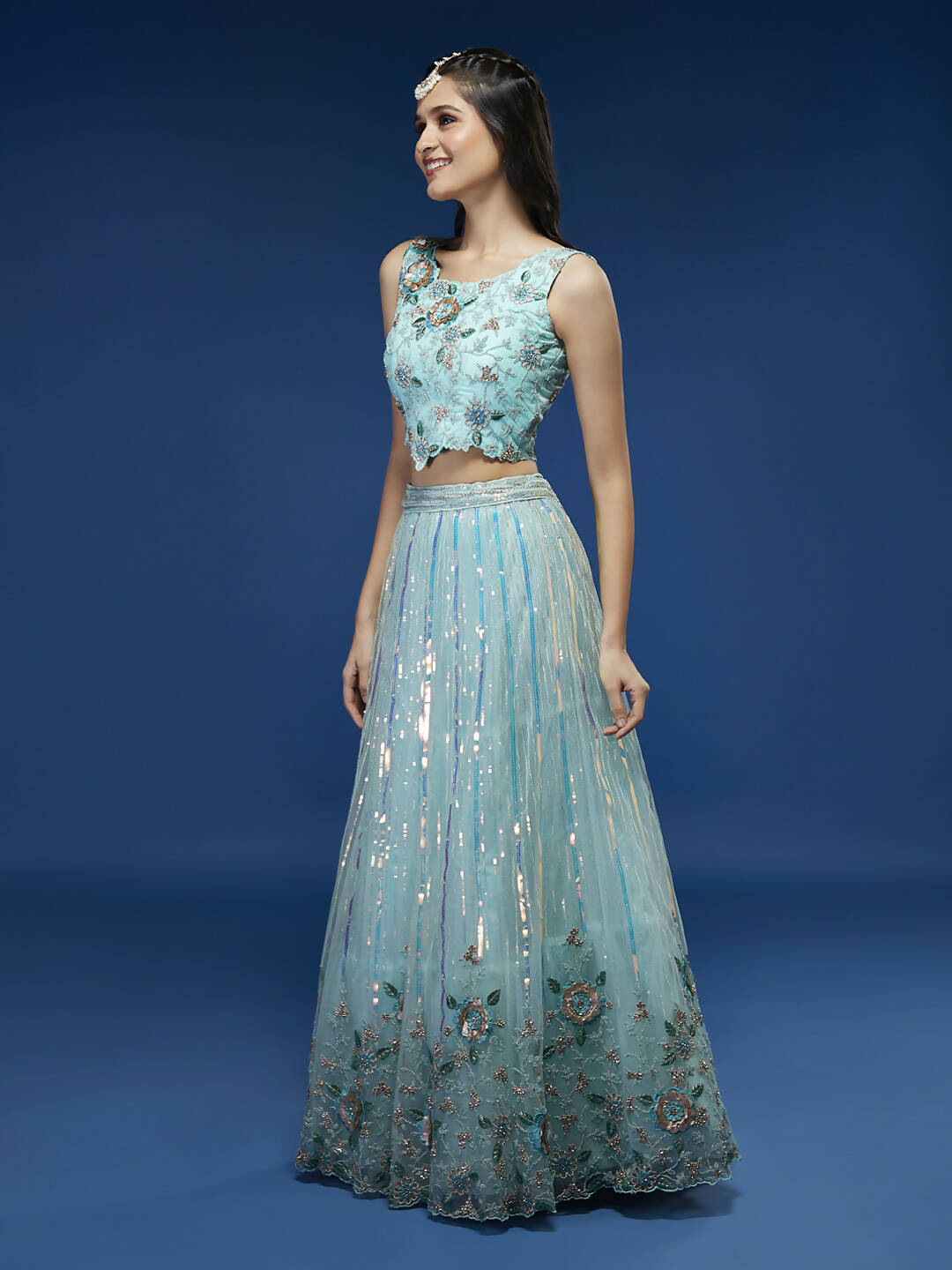 House of Panchhi Turquoise Blue Net Sequinse Work Lehenga & Blouse, Dupatta