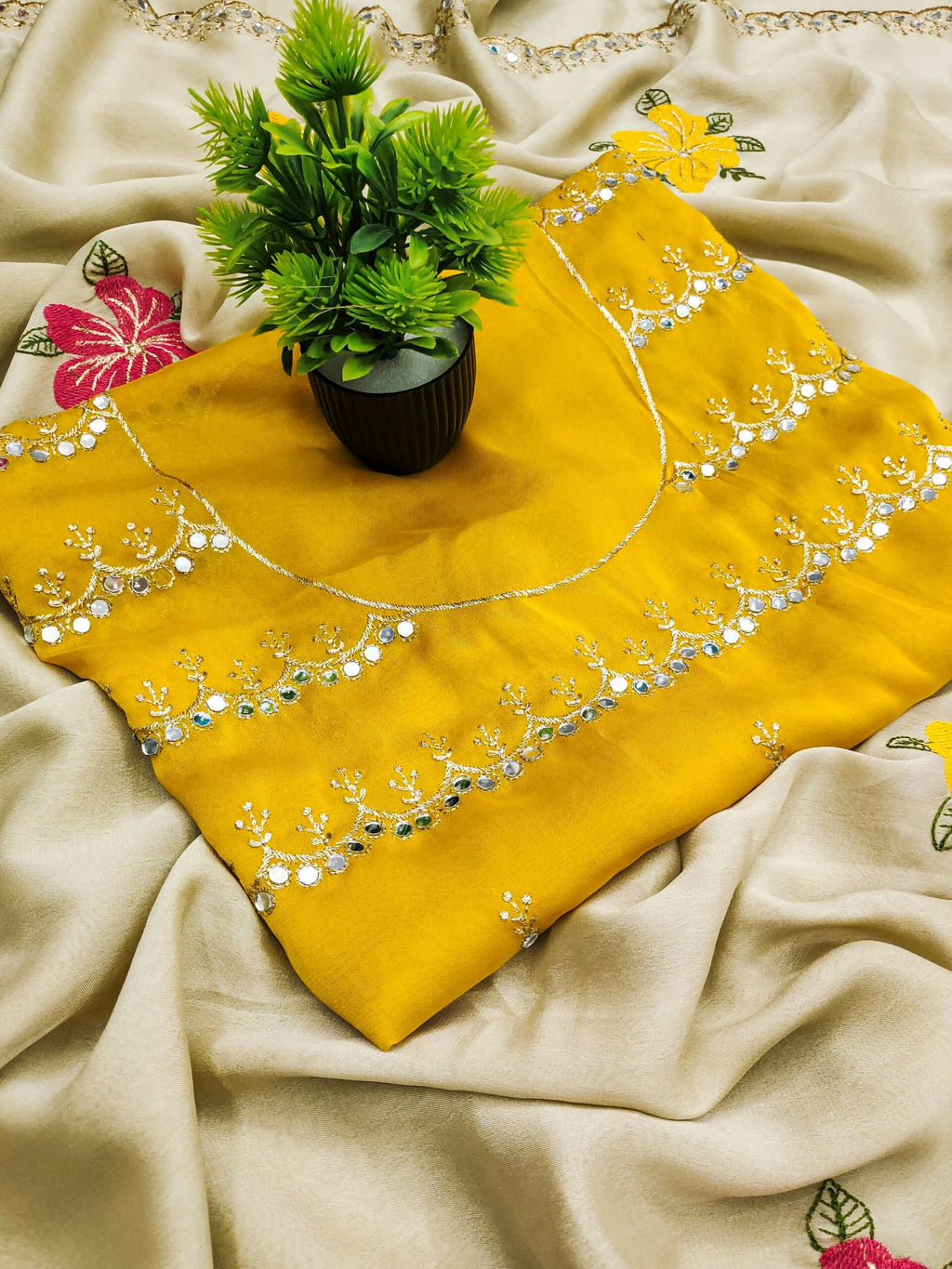 Teeya Creation Cream Rangoli Silk Embroidery Work Party Wear Designer Saree - Distacart