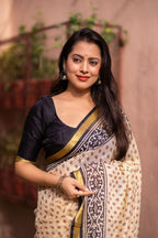 Cream Silk Blend Geometric Saree with Unstitched Blouse - A2M