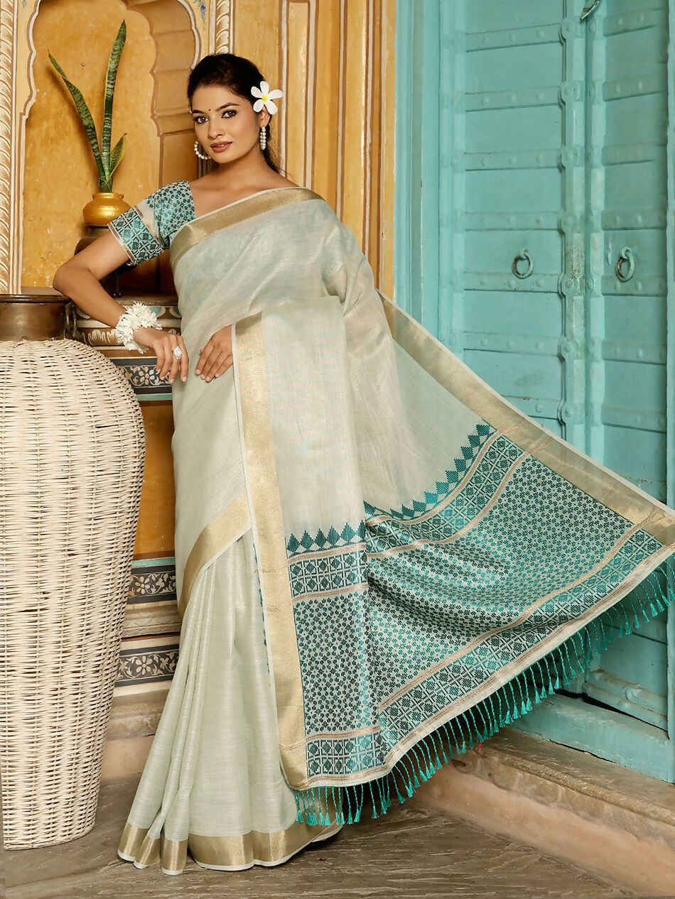 Shree Shyam Fashion Rama Green Linen Saree - Distacart