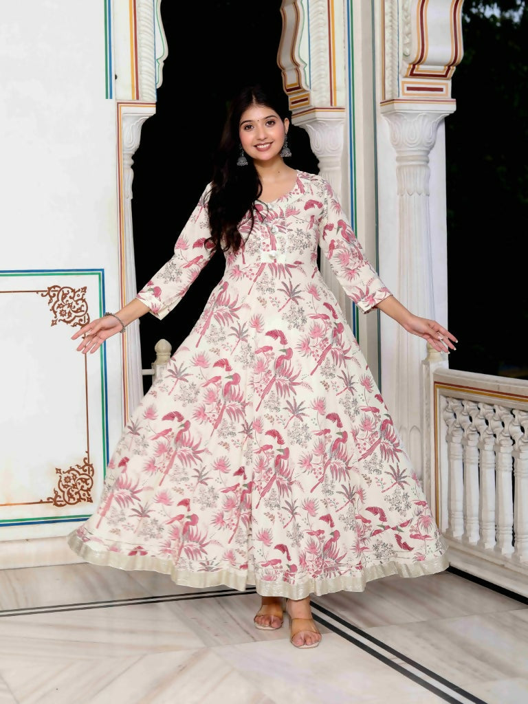 Miravan Women's Light Pink Cotton Gotapatti Birds And Leaf Floral Printed Anarkali Kurta