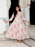 Miravan Women's Light Pink Cotton Gotapatti Birds And Leaf Floral Printed Anarkali Kurta