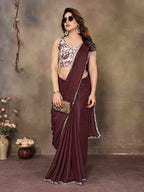 PR Fashion Brown Star Georgette Solid Georgette With Mirror Border Saree