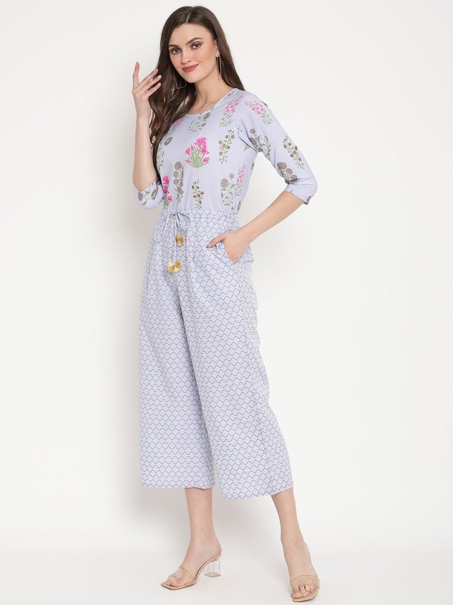 Ahalyaa Womens Blue Crepe Printed Jumpsuit