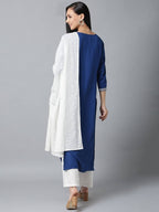 Yufta Women Blue & White Yoke Design Kurta with Palazzo & Dupatta