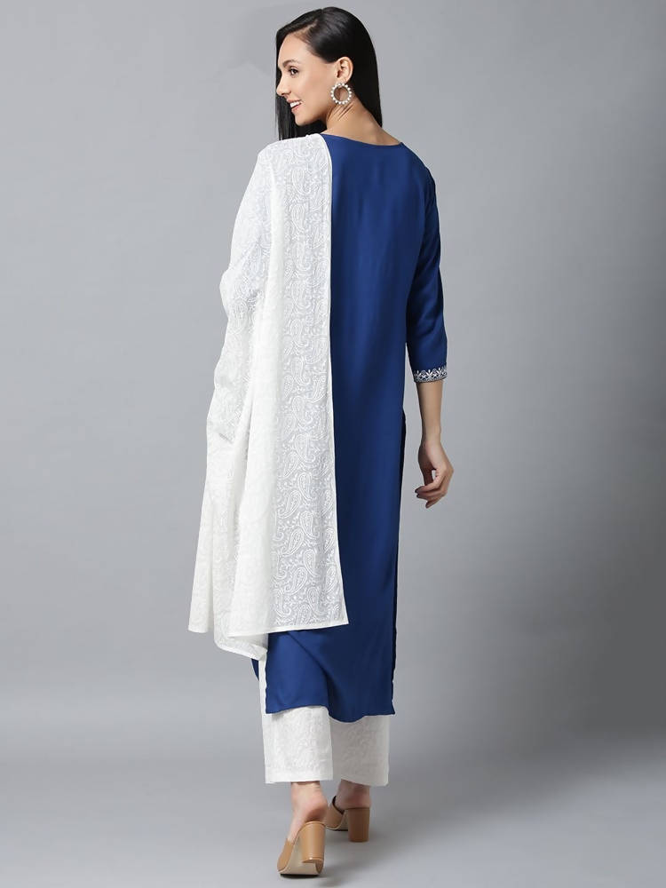 Yufta Women Blue & White Yoke Design Kurta with Palazzo & Dupatta