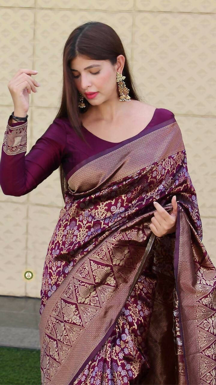 DEIANA'S Beautiful Designer Golden zari Soft Lichi Silk Saree - Wine
