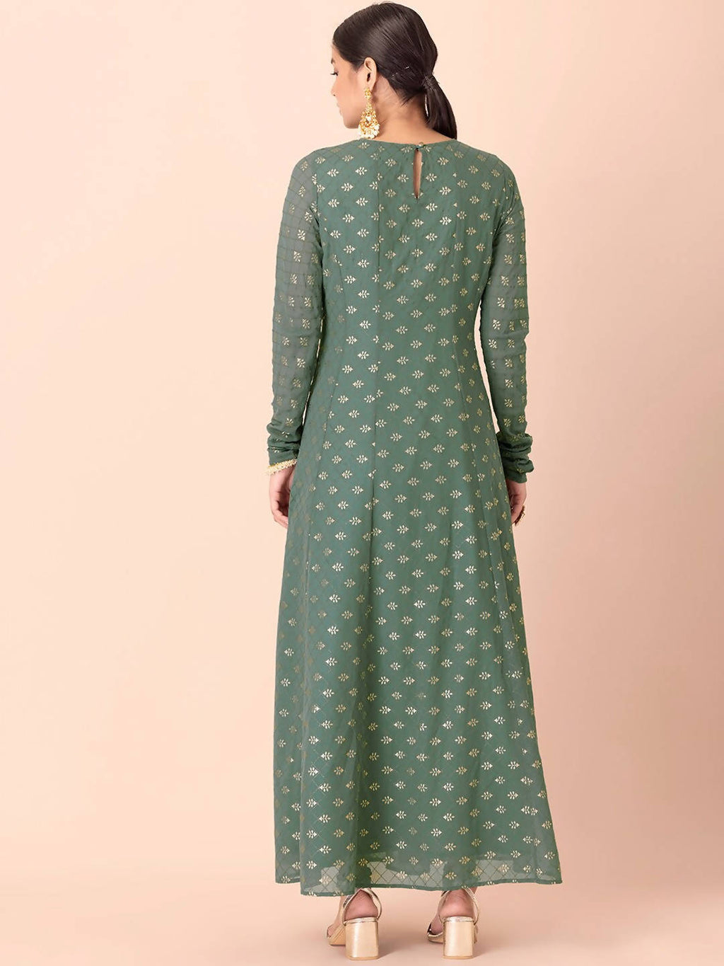Indya Green & Gold-Toned Ethnic Motifs Printed Georgette Anarkali Kurta - Distacart