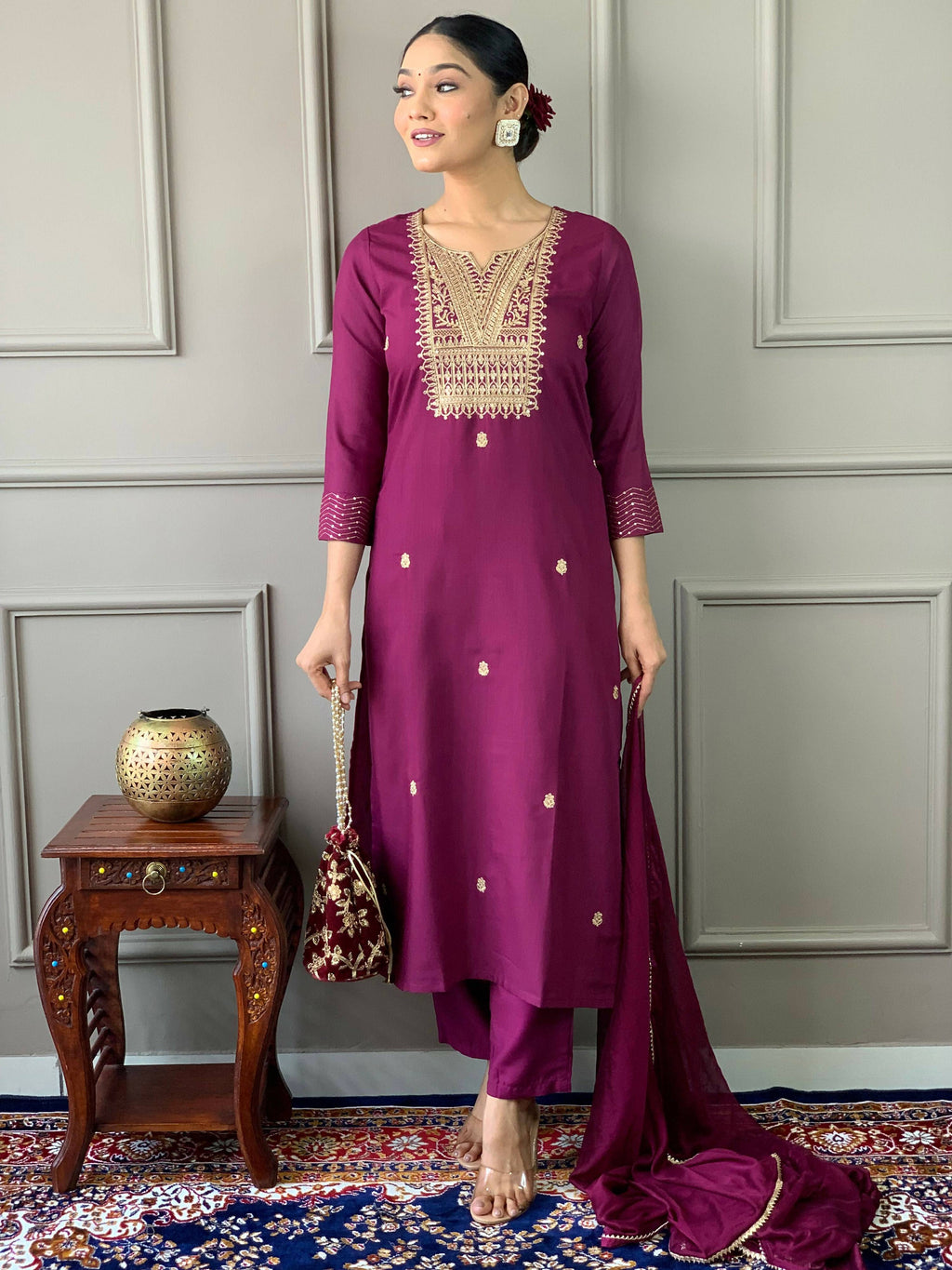Partywear Designer Rayon Slub Wine Stitched Suit With Dupatta - Tanisha