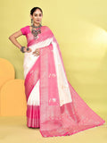 Joban Fashion White & Rani Pink Plain With Weaving Border Banarasi Silk Sarees