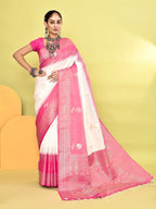 Joban Fashion White & Rani Pink Plain With Weaving Border Banarasi Silk Sarees