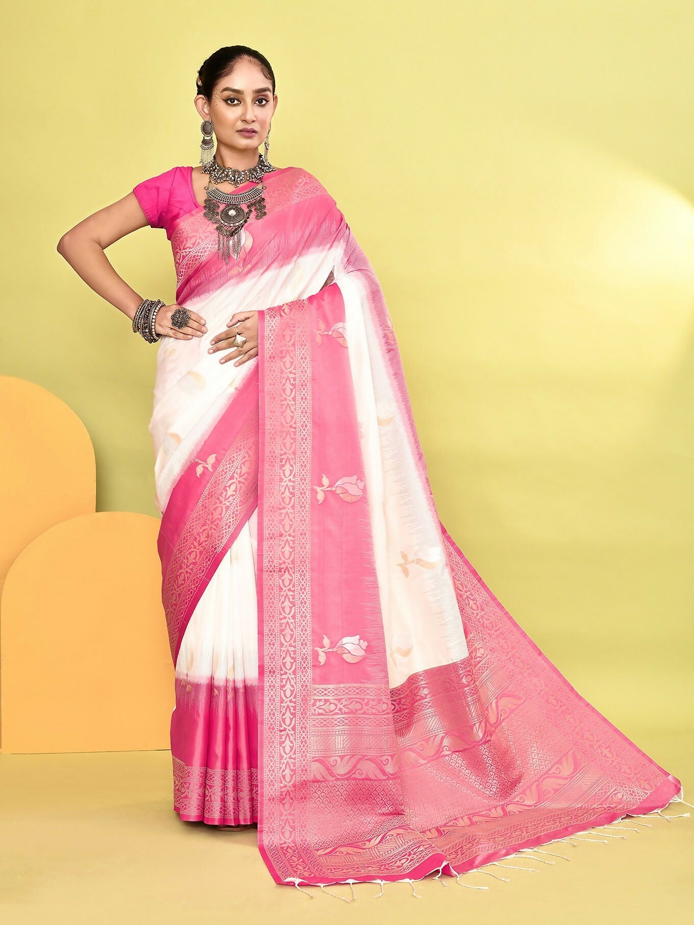 Joban Fashion White & Rani Pink Plain With Weaving Border Banarasi Silk Sarees