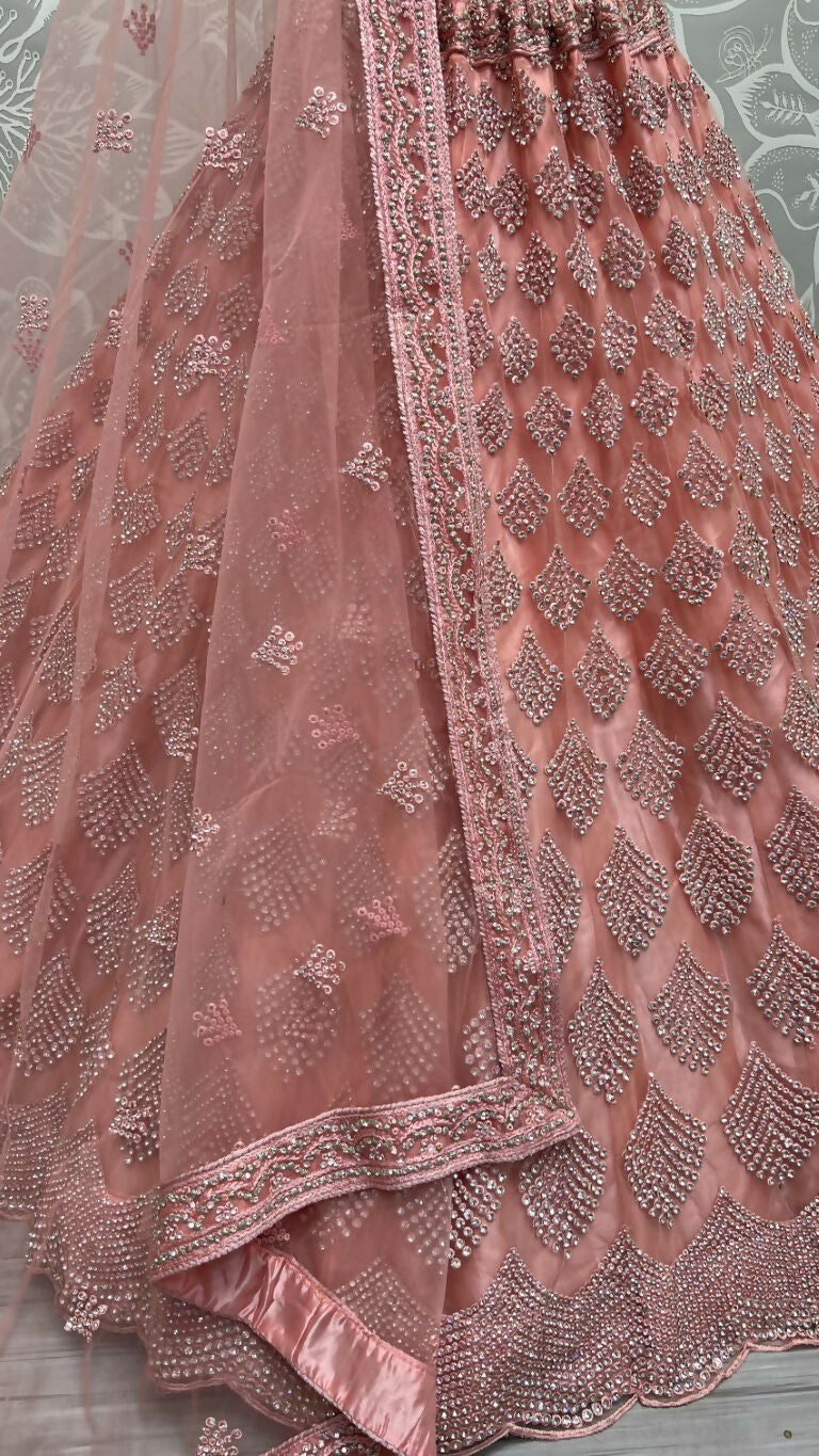 Jyoti Fashion Women's Pink Bridal Net Fancy Dori & Multi Thread Embroidered with Zircon Diamond Work Wedding Lehenga Choli