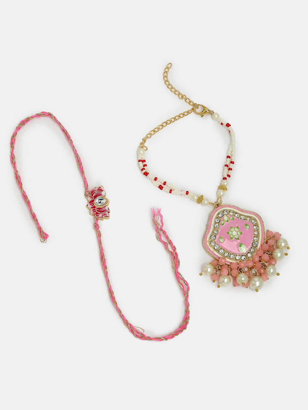 NVR Women & Men Set of 2 Pink Lotus Shape Kundan Stone-Studded & Beaded Bhaiya Bhabhi Rakhi With Roli Chawal & Chocolate - Distacart
