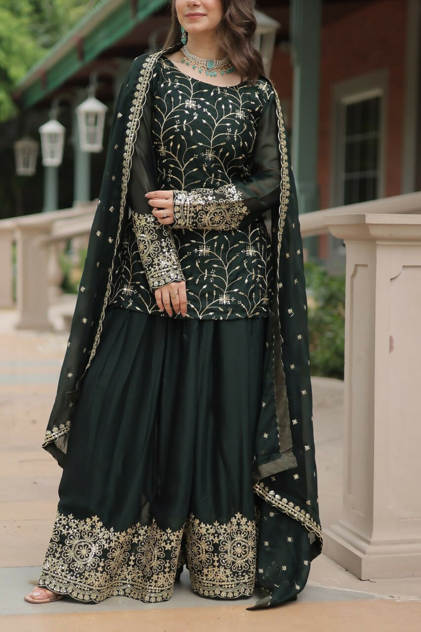 Vastranavya Premium Designer Heavy Sequins & Thread Embroidered work Kurti Palazzo & Dupatta - Mehendi