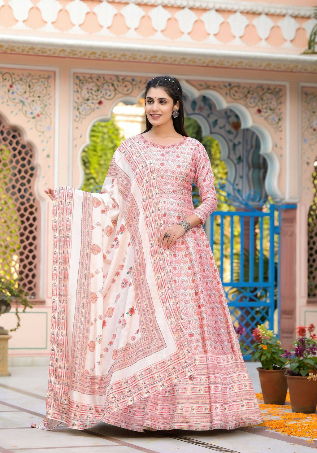 Functional Designer Off White-Light Pink Dola Silk Anarkali suit with Dupatta - Ramya